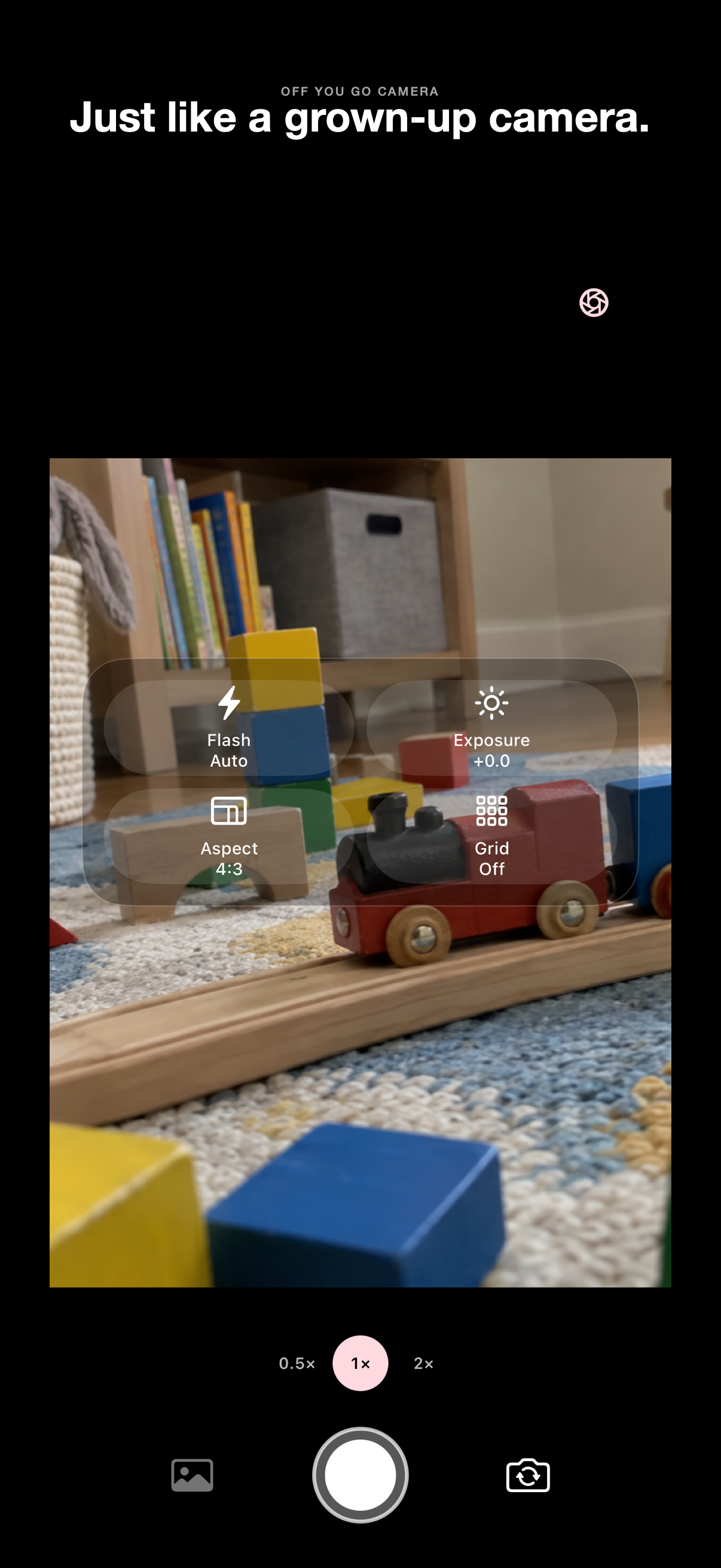 Camera screen with controls over a toy train photo